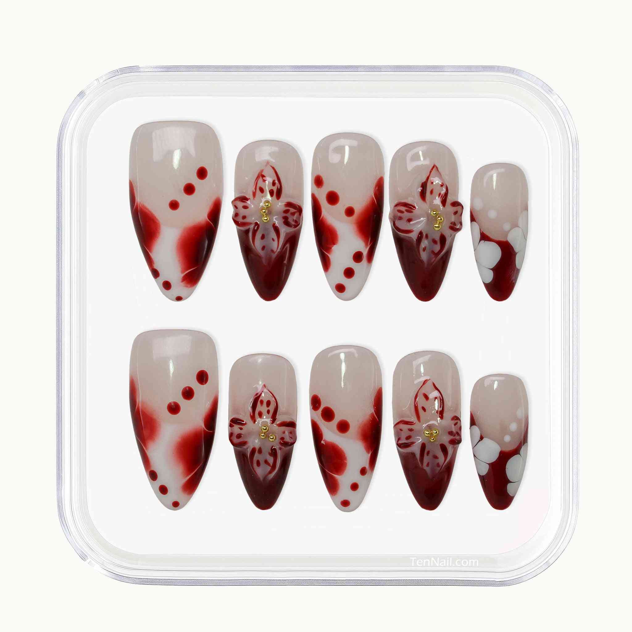 Tropical Flowers Press on Nails with hand-painted florals, red gradients, delicate accents by Tennail—stylish press-on nails for a vibrant look, easy to apply and long-wearing.